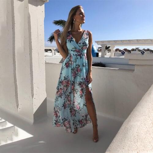 New Summer 2021v Neck Split Dress Floral Print Long Chiffon Summer Spaghetti Strap Pink Elegant Casual Long Dress Beach Party