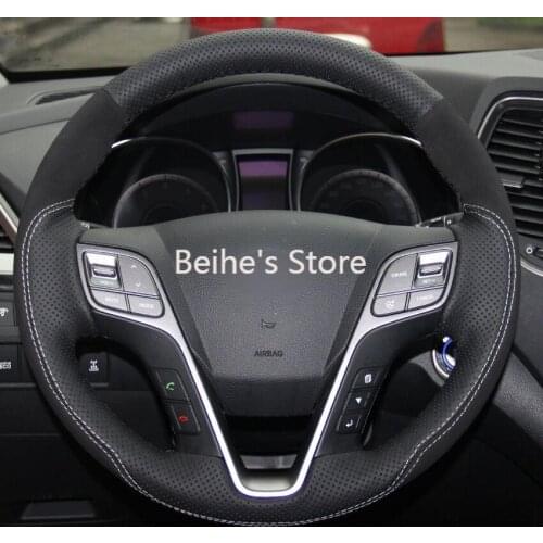 For Hyundai Santa Fe 2013-15 Black Leather Black Suede Car Steering Wheel Cover
