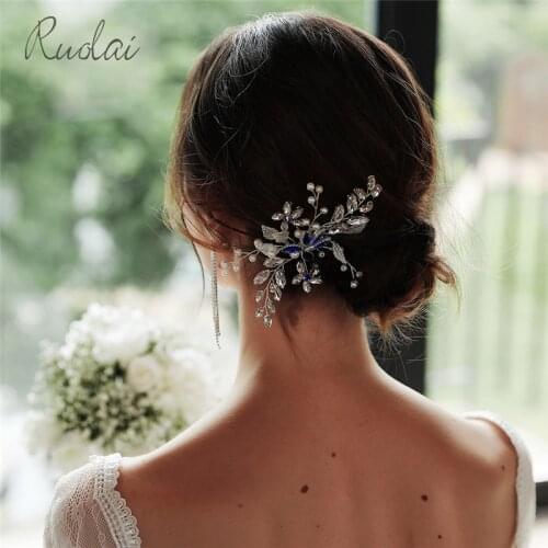 Elegant Wedding Hair Comb Blue Crystal Beaded Hair Accessories Leaves Bridal Headpiece Vine Jewelry Tiara HD50