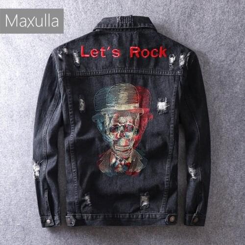 Maxulla denim jackets men autumn jackets washed denim coat stylish skulls embroidery casual denim jacket street wear Mla056