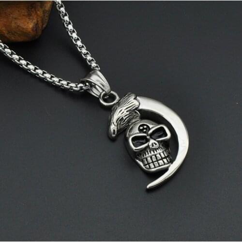 Hiphop/Rock Style Cresent Moon Grinning Skull Pendant Necklace Eagle Head Stainless Steel Biker Necklaces