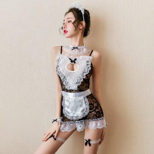 Sexy Lingerie Cosplay Maid Costume Sexy Satin Mesh Lace Hollow Sling Dress Uniform Temptation Printed See-Through Sexy Maid Suit