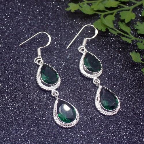 Glowing New Arrival Shiny GreenTopaz Silver Color For Women Drop Dangle Earrings 2 1/4 Inch HD601