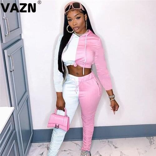VAZN 2020 Top Quality Fresh Clear Patchwork Sexy Tracksuits Hooded Full Sleeve Group Long Pants Skinny Women 2 Piece Set