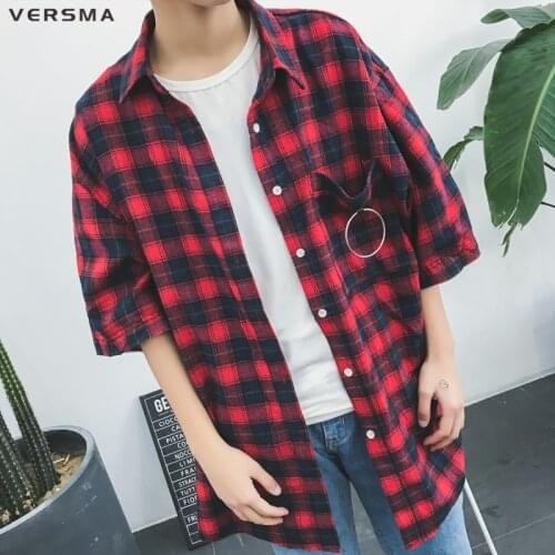 VERSMA 2017 Korean Ulzzang Harujuku GD G-dragon Loose Casual Shirt Men Oversize Half Sleeve Plaid Shirt Vintage Men Women Blouse