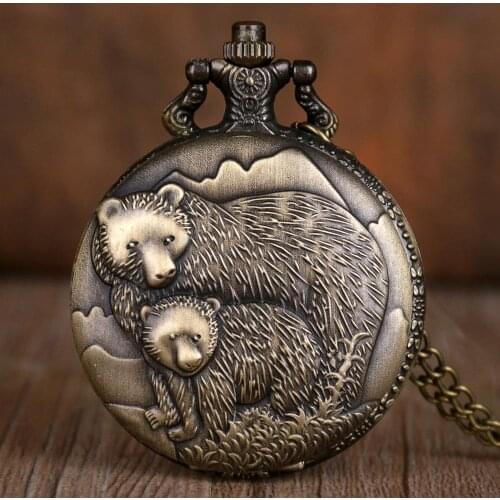 Vintage Retro Pocket Watch Mother Bear Design Fashion Quartz Pocket Watch With Fob Chain Gifts For Men Women