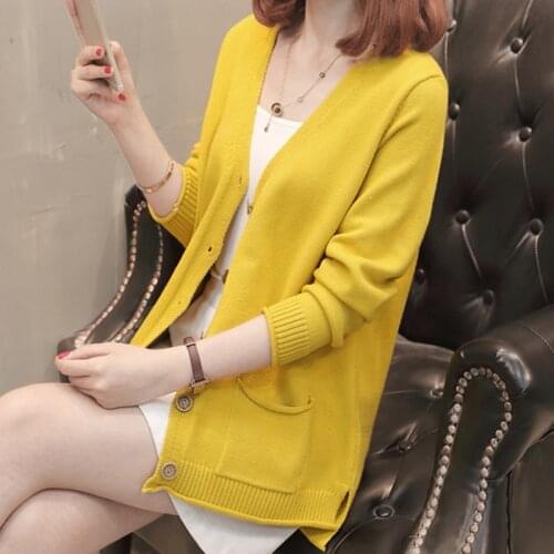 Yellow Sweater Cardigan Women Spring Autumn Pocket Oversized Long Sleeve Casual Knitting Winter Clothes Female Sueters De Mujer