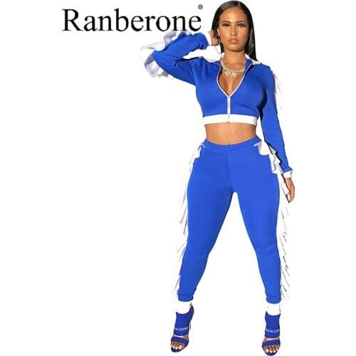 Women Tracksuit 2 Pce Set Slim Contrast Stitching Ruffled Lapel Sportswear Sexy Slim Top Splicing Sweatpants Fitness Suit Female