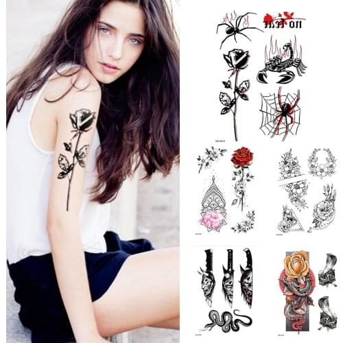 1Sheet Black Rose Spider Waterproof Temporary Tattoo Flower Women Fashion Tattoos Arm Sleeve Fake Tattoo For Girls Kids