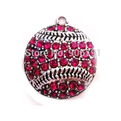 100pcs a lot antique silver color zinc studded with sparkling Baseball or Softball Red Crystal Pendant