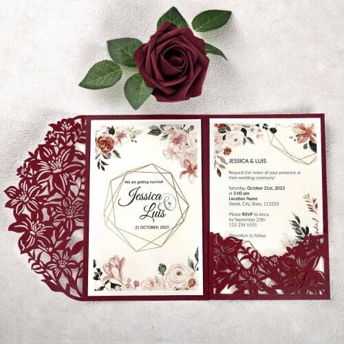 100pcs Burgundy Color Wedding Invitations Floral Laser Cut Invitations High Quality Custom Invitation Cards
