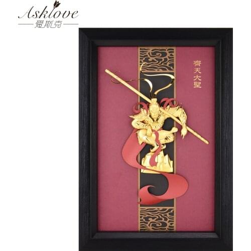 3D Monkey king Pictures Gold Foil painting Handicraft Framed Painting Sun Wukong Wall pictures for Living Room Home Decor Gifts