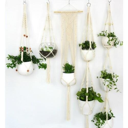 5pcs Set Hanging Planter Hand-woven Flower Pot Basket Net Bag Macrame Wall Hanging Balcony Decorations Basket Plant Holder