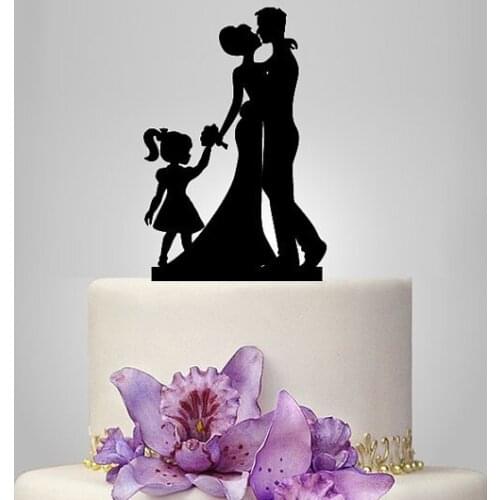 Acrylic glittery Wedding Cake Topper Silhouette, kissing silhouette topper, Bride and Groom and little girl cake decorations