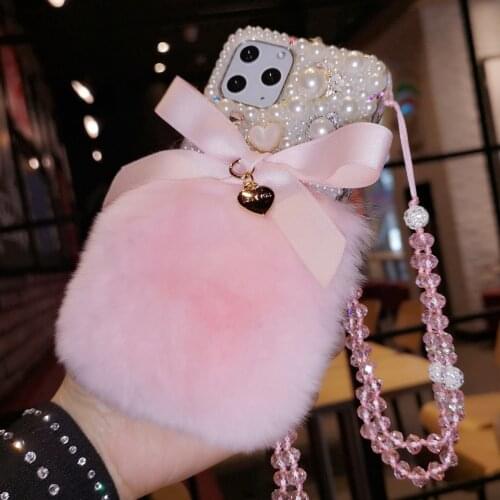 Furry Rabbit Hair Fur Bling Pearl Diamond Bowknot Case Cover For Samsung Galaxy Note 20 10 9 8 S21 S20 Ultra FE S10/9/8 Plus