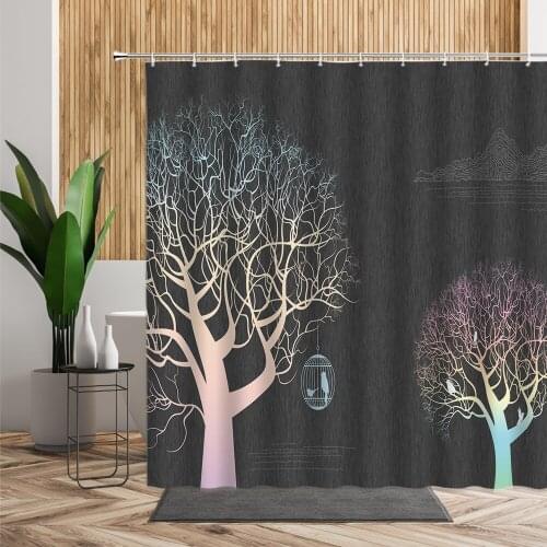 Color Cartoon Tree Shower Curtain Creative Dark Gray Background Bird Cage Bathroom Decoration Waterproof Bath Curtains With Hook