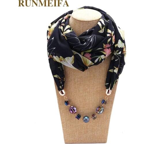 RUNMEIFA Decorative Jewelry Scarf Chiffon Necklace Resin Beads Pendant Women Scarf Fresh Spring/Autumn Muslim Head Scarves Hijab