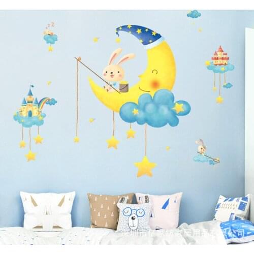 Childrens Room Cartoon Bedroom Bedside Wall Decoration Wall Stickers Moon Rabbit Stars Kindergarten Stickers Self-Adhesive