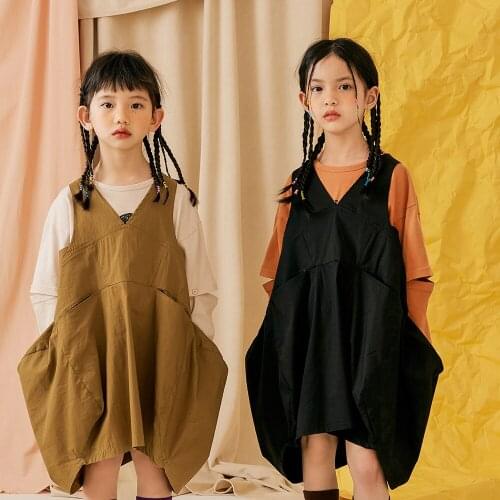 Childrens Strap Dress 2021 Spring New Baby Girl Korean Solid Loose Vest Dress Fashion Casual Cotton Girls Suspender Dress 2-9 Y