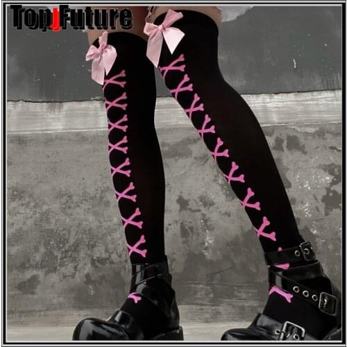 New Hot Girl Bone Bow Socks Streetwear Girls Thin Leg Black Sweet Cute Pink Y2K Harajuku Lolita Knee Socks