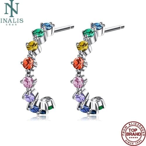 INALIS 925 Sterling Silver Drop Earrings For Women Wave Rainbow Round Zircon Fine Jewelry Letter C Female Earring New Arrival