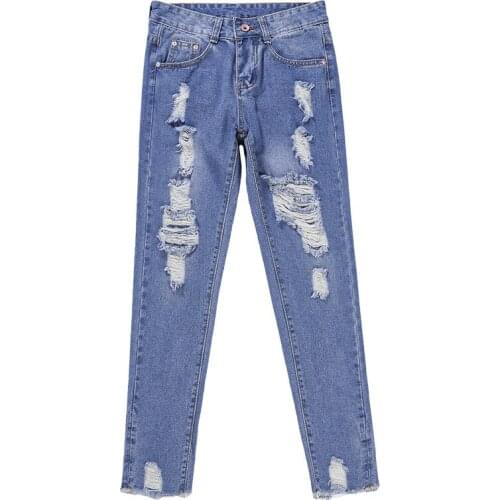 KJA213 2018 Autumn Korean Women New Denim Ankle-Length Pants Trousers Female Mid Waisted Hole Ripped boyfriend Jeans Hot Pants