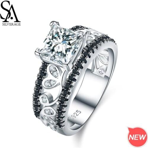 SA SILVERAGE Authentic 925 Sterling Silver Women Rings White/Black Zirconia 925 Silver Rings Fine Jewelry 2018 New Arrival