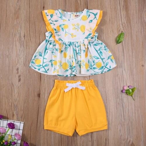 Girls Two-piece Clothes Set Sweet Summer Baby Girl Sleeveless Printed PatternRound Collar Tops and Shorts Outfits Childrens Set