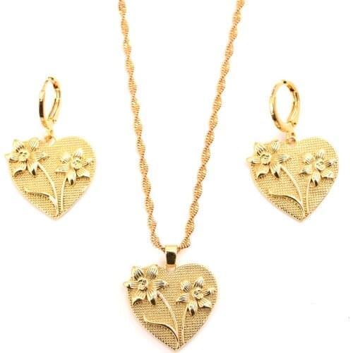 Love France RD Charm Pendant Earring Flower Heart 18 k Yellow Fine THAI BAHT G/F Solid Gold Dangling Set Jewelry