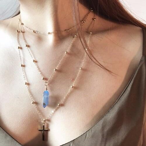 MESTILO Bohemian Multilayer Colorful Natural Stone Gold Cross Long Pendant Necklaces For Women Sexy Beads Choker Necklace Bijoux