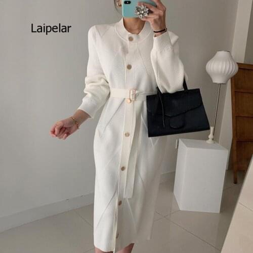 Fashionable single-breasted womens single-breasted nightgown dress solid ol style long sleeve with knitted belt mid-length wome