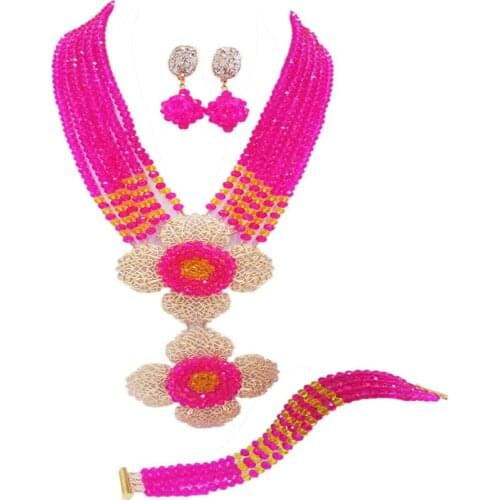 Fashion Fuchsia Pink Yellow Nigerian Wedding Necklace African Beads Jewelry Set Crystal Bridal Jewelry Sets 6DHJZ18