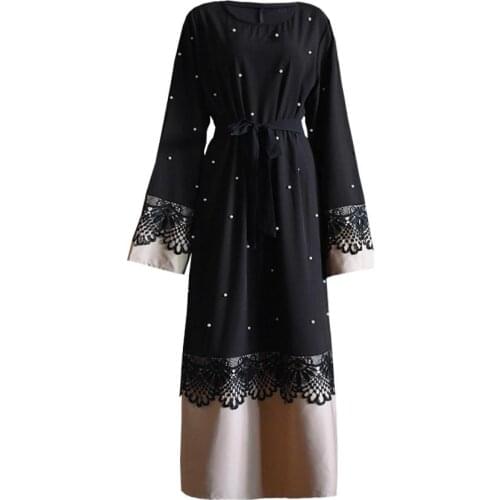 Adult muslim lace beading robes prayer muslim abaya female lace stitching Islamic muslim dress abaya with belt wj2780 dropship