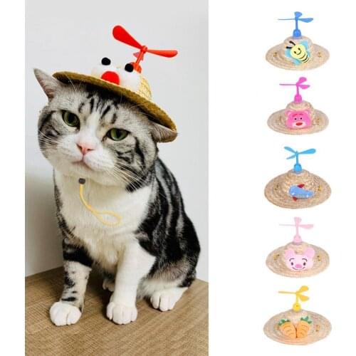 Pet Hat Bamboo Dragonfly Decor Adorable Straw Knitted Wide Brim Hat for Dog