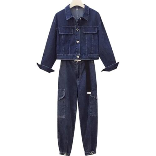 Spring Fall New Casual Harajuku Jeans Plus Size Coat Two Piece Set Top And Pants Year-old Femal Costume Conjunto Feminino Suit