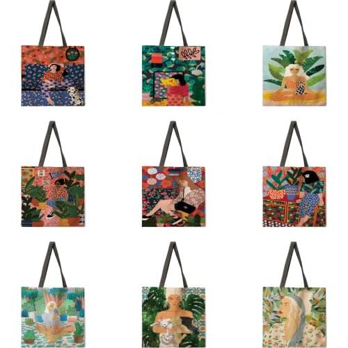 Beautiful girl painted traditional linen shopping bag reusable handbag womens shoulder cloth bag foldable linen bag beach tote