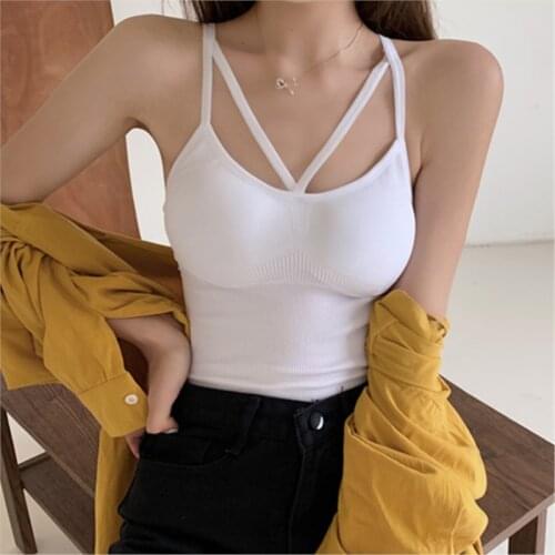 Small Camisole Female Summer Wear Net Celebrity Hot Style Beautiful Back Cross Belt Chest Pad Sexy Knitted Bottoming Top