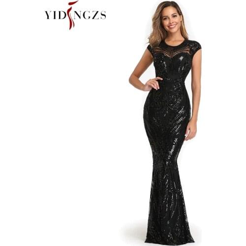 YIDINGZS Elegant Black Sequins Evening Dress 2021 Backless Beads Long Evening Party Dress YD088