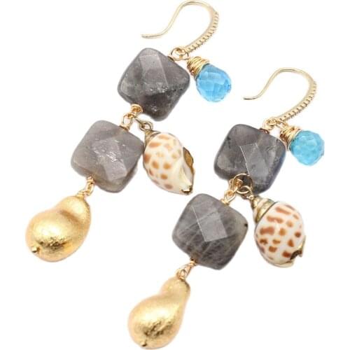 GuaiGuai Jewelry Natural Faceted Square Labradorite Blue Crystal Golden Plated Brushed Bead Shell Hook Earrings Handmade