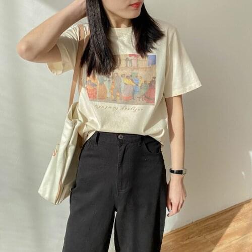 2021 New Oil Painting Print T-shirt Women Short Sleeve Loose 100% Cotton Shirt Female Basic Tops Summer Ladies Tees femme Tops