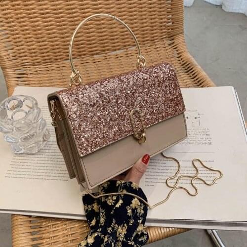 Metal Carrying Handle Womens Bag 2021 Luxury Evening Bag Chain Female Bag New Shoulder Messenger Bag Sequin Small Square Bag