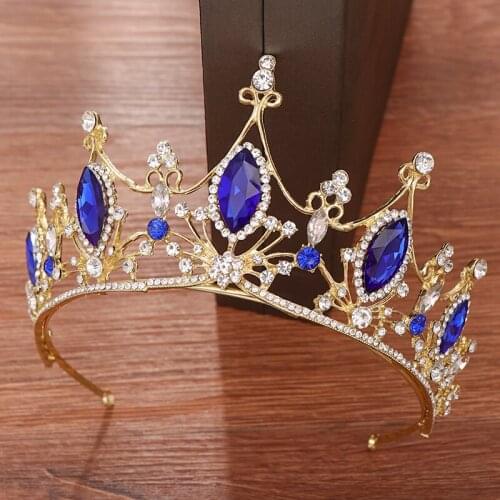 Blue Vintage Crystal Crown Tiara Bride Hair Ornaments Rhinestone Diadem For Women Bridal Crown Headband Wedding Hair Accessories