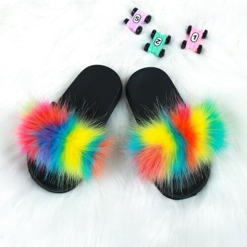2021 Girls Fur Summer Slipper with soft thick bottom, Kids Lovely color Shoes, Red, Pink, Black, Multi-color