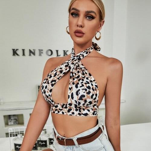 Women Sexy Cutout Crop Top Summer Camis Tank Tops Sexy Sleeveless Cross Halter Leopard Print Skinny Clubwear Femme Camisole