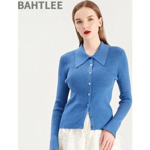 BAHTLEE Women Wool Singel Breasted Slim Tight Cardigans Sweater Knitted Jumper Trun-Down Collar Long Sleeves High Elastic