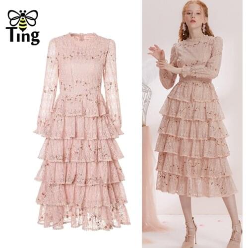 Tingfly Designer Fashion Pink Flower Emboridery Lace Patchwork Party Dinner Dresses Women Ruffles Layered Midi Long Dress Elbise