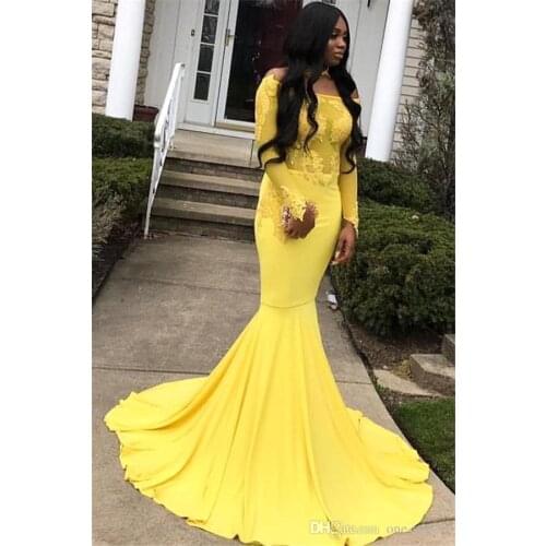 Yellow Prom Dresses Sexy Long Sleeve free shipping Mermaid Appliqued Evening Dresses Custom robe de soiree evening dress 2020