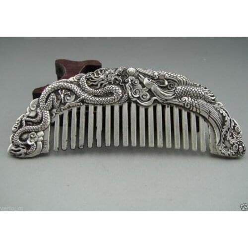 5.0" Wonderful Collectibles Handwork Tibetan Silver Dragon phoenix Comb