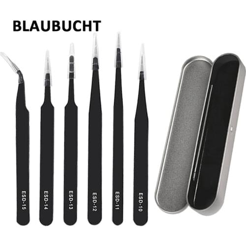 Anti-static ESD Precision Tweezer Stainless Steel Curved Straight Black Tweezers Maintenance Tools DIY Picking Tool 6pcs/3pcs