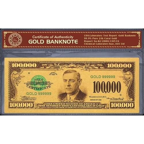 Colored Gold Plated Banknote USD 100000 Dollars Fake Money Bill Precious Gift for Home Decoration Business Collection